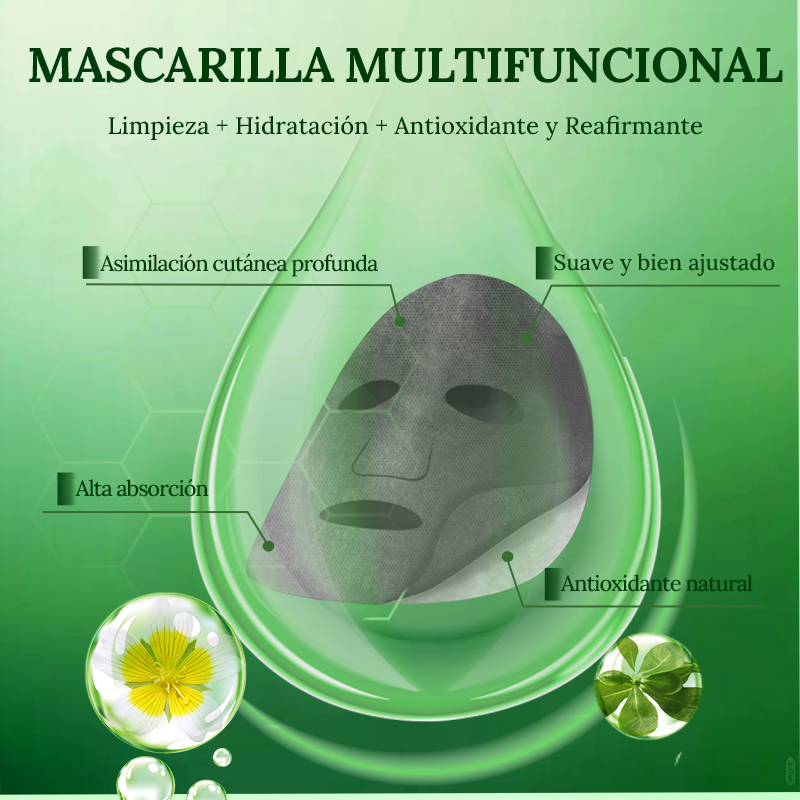 Beneficios de la mascarilla facial BowBowBeauty Ingredientes de la mascarilla con fermento de bífida Modo de uso de la mascarilla facial BowBowBeauty Presentación de cinco mascarillas BowBowBeauty