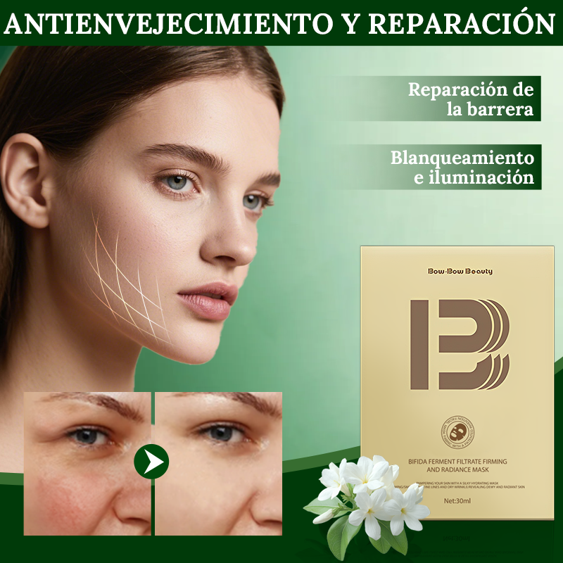 Beneficios de la mascarilla facial BowBowBeauty Ingredientes de la mascarilla con fermento de bífida Modo de uso de la mascarilla facial BowBowBeauty Presentación de cinco mascarillas BowBowBeauty